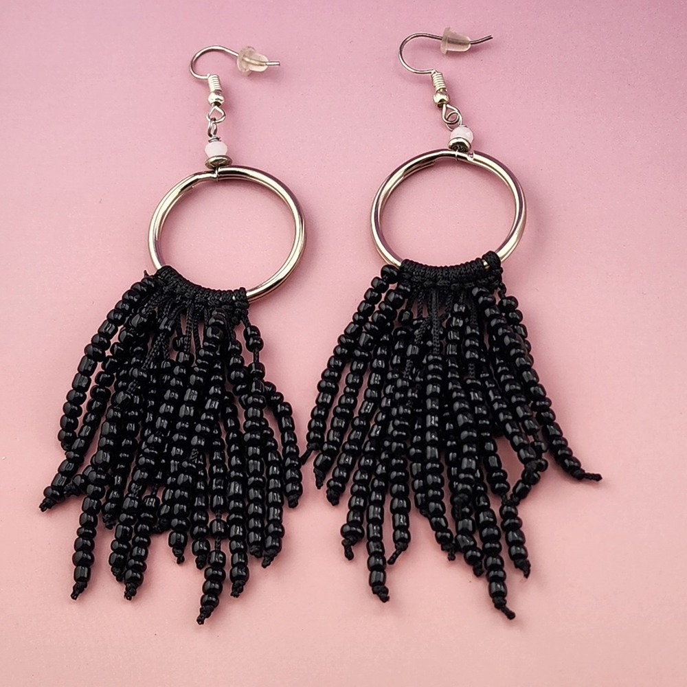 Black Seed Bead Tassel Hoop Dangle Earrings Silver Tone Boho Fringe Statement